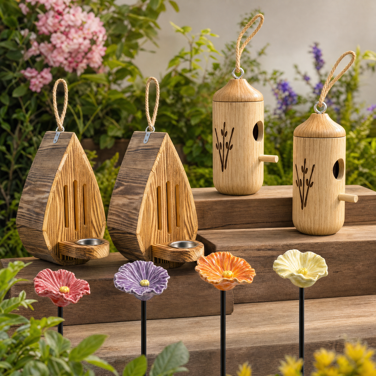 Backyard Wildlife Oasis Bundle Pack (2 Butterfly Houses, 2 Hummingbird Houses, and 4 Ceramic Bee Flowers)